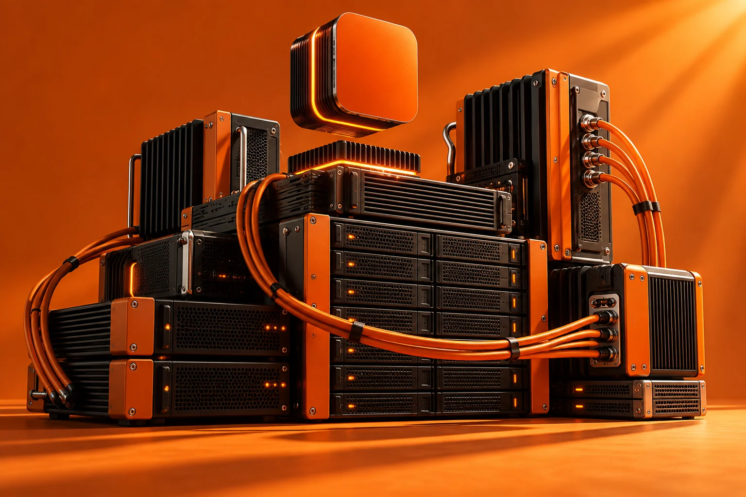 Turuncu fiber bağlantılar ve koyu metal sunucu modüllerinden oluşan altyapı illüstrasyonu